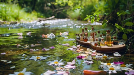 Obraz premium A riverside scene with floating petals and handcrafted vials capturing nature's tranquility and beauty.
