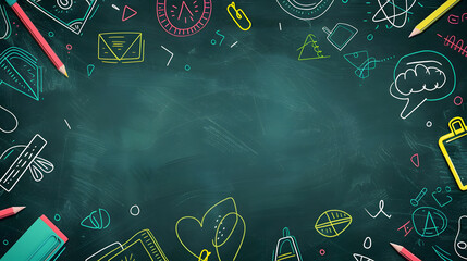 A chalkboard background with school icons and drawings, a paper clip on the left side of the frame. Copy space area for text