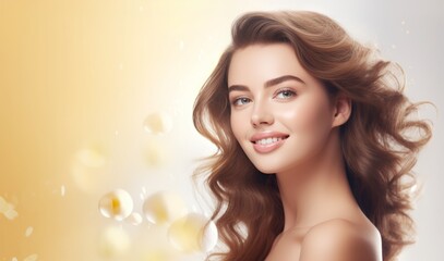 A beautiful woman with a radiant smile, her long hair flowing around her, in soft, natural lighting