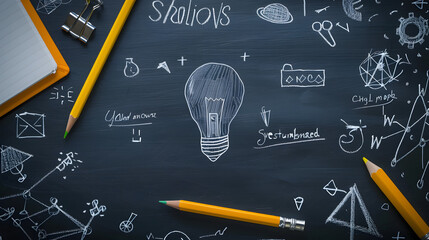 A chalkboard background with school icons and drawings, a paper clip on the left side of the frame. Copy space area for text