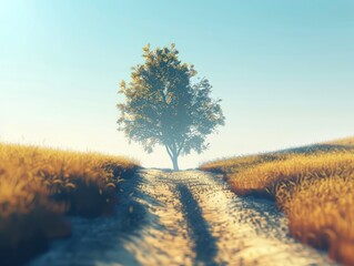 A tree is standing in a field with a dirt road in front of it, 3d style illustration, nature landscape, summer, copy space.