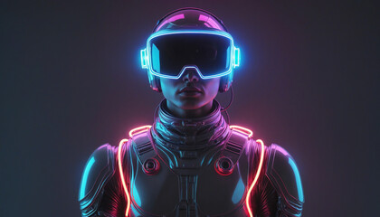 Beautiful futuristic portrait of glowing neon astronaut in cyberspace exploring the cosmic universe
