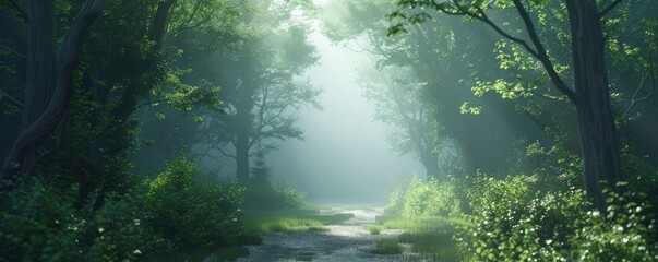 A forest path with trees and grass, 3d style illustration, nature landscape, summer, copy space.