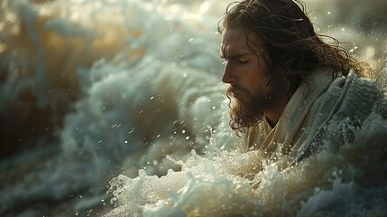 Obraz premium A serene depiction of Jesus Christ calming the storm.