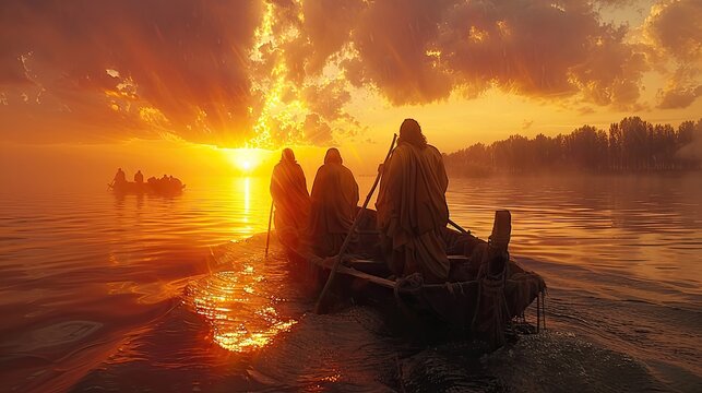 A serene depiction of Jesus Christ calling the fishermen to follow him.