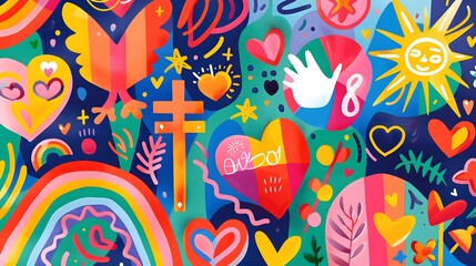 An illustration featuring a collection of LGBTQ+ symbols and icons arranged artistically on a clean background. The symbols include the rainbow flag, hearts, peace signs, and various pride flags.