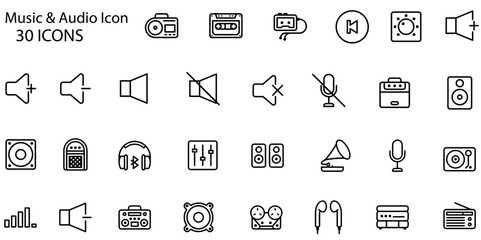 Audio icon set. Containing headphones, sound, music, volume, earphones, equalizer and speaker icons. Solid icon collection. Vector illustration.

