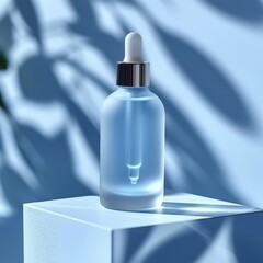 A frosted glass bottle of serum is placed on the white rectangular platform, which stands against a light blue background.