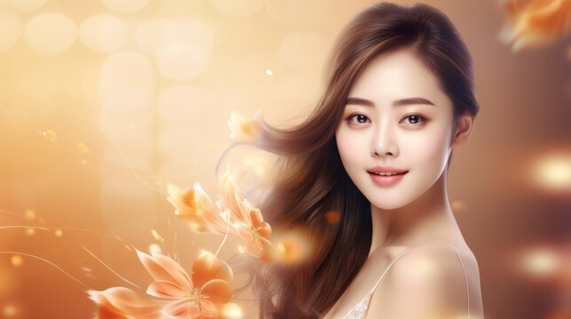 Beautiful Thai model with a radiant smile, surrounded by golden flowers