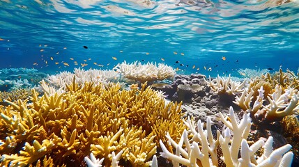 Naklejka premium Capture the vibrant life of coral reefs and illustrate how climate change threatens these ecosystems, urging for sustainable solutions