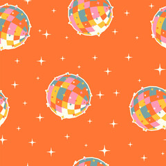 Seamless pattern hand drawn disco ball and stars on a red background.