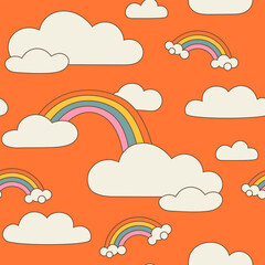Retro groovy summer sky surface design for nursery and baby fashion. Childish rainbows with cloud. Contour Y2k vector