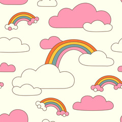 Retro groovy summer sky surface design for nursery and baby fashion. Childish rainbows with cloud. Contour Y2k vector
