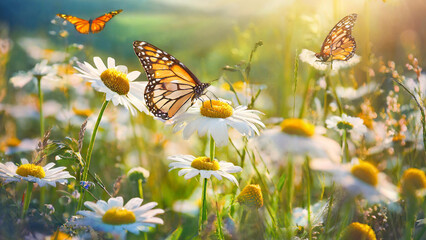 Sunlit field of daisies with fluttering butterflies. White flowers on a summer meadow in nature. Sunny artistic photo with bokeh