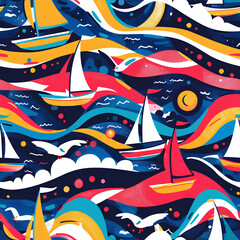 Vibrant Nautical Sailing Boats Pattern, Dynamic and Playful, Ocean Waves Background