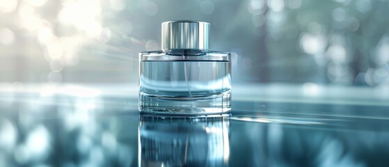 Simple and sophisticated cylindrical perfume bottle, mirrored reflection, label space