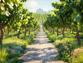 Naklejka premium A path runs through a lush green vineyard, 3d style illustration, nature landscape, summer, copy space.