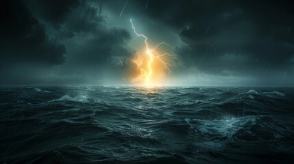 Fototapeta premium Single lightning bolt hitting the ocean, stormy weather, dark waters illuminated