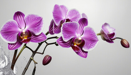 Generative AI creates a negative space design with copy space and abstract elements in a watercolor painting of an isolated purple orchid on a white background