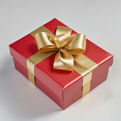 Obraz premium Top view illustration of a festive red present box with a shiny gold ribbon