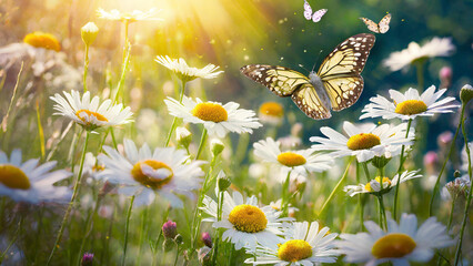 Sunlit field of daisies with fluttering butterflies. White flowers on a summer meadow in nature....