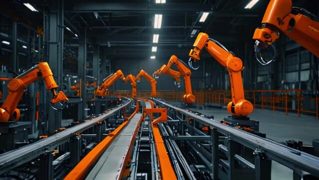 Several robotic arms on an assembly line. The arms are orange and black, and they are all in motion. The arms are on a conveyor belt, and there are car parts on the belt.