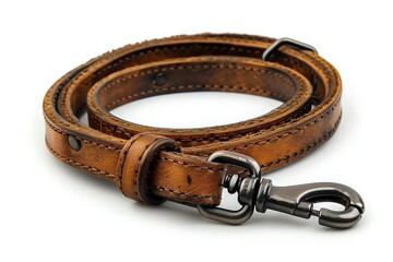 Close-up of a high-quality brown leather dog leash with metal clip. Ideal for stylish pet owners and safety-conscious dog walkers.