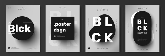 Black aesthetic poster collection. Poster design with minimalistic black geometric shape and dark shadow on light gray background. Creative simplicity banners set. Vector illustration