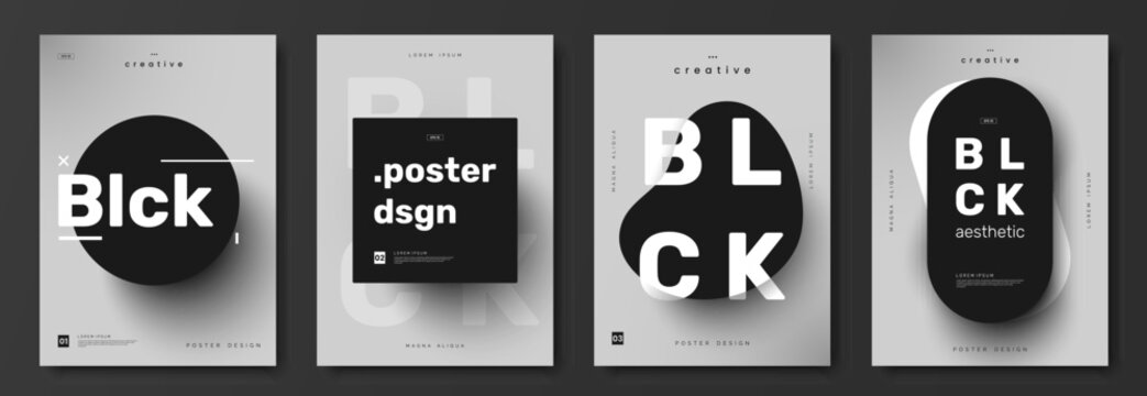 Black aesthetic poster collection. Poster design with minimalistic black geometric shape and dark shadow on light gray background. Creative simplicity banners set. Vector illustration