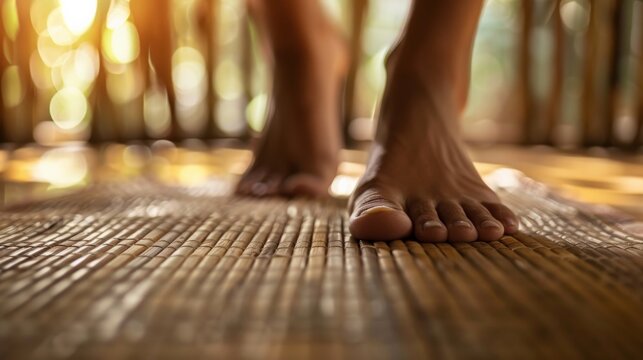 Feet walking on bamboo floor