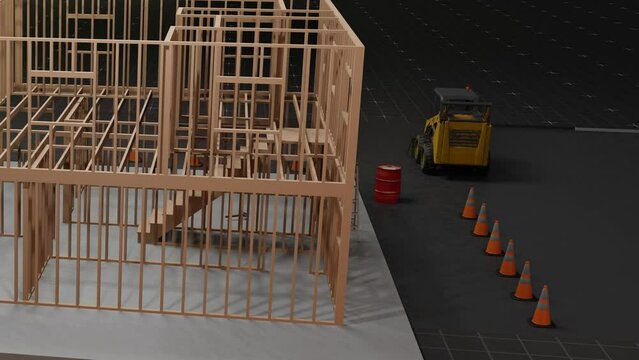 under construction house site, frame structure, with large machines, seamless looping 3D blueprint animation