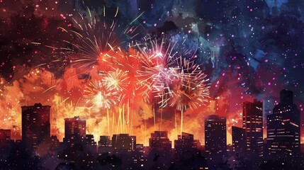 Low-angle view of colorful fireworks exploding brilliantly over a city skyline