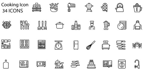 Fototapeta premium Cooking icon set. Containing chef, recipe, restaurant, ingredients, cook, knife, cutting board, pan and oven icons. Solid icon collection. Vector illustration. 