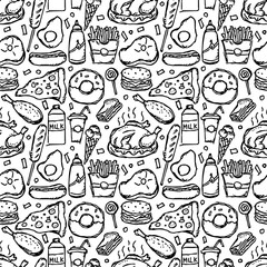 Seamless American food pattern. Doodle ilustration with american food icons. Fast food background