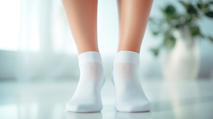 Side view of beautiful smooth female legs in short white cotton tiptoe socks. Mock up blank clothing template
