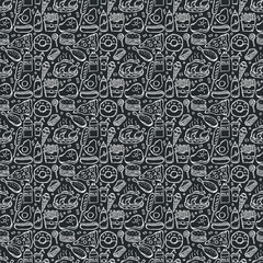 Seamless American food pattern. Doodle ilustration with american food icons. Fast food background