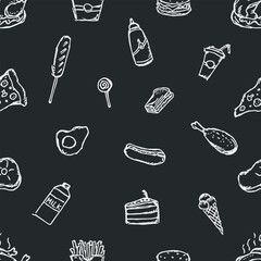 Seamless American food pattern. Doodle ilustration with american food icons. Fast food background