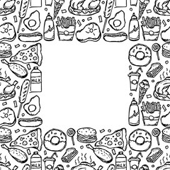 American food frame. Doodle ilustration with american food icons. Fast food background