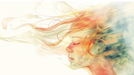 Fototapeta premium Ethereal watercolor portrait of a woman with flowing rainbow hair, capturing a sense of tranquility and beauty in an abstract style.