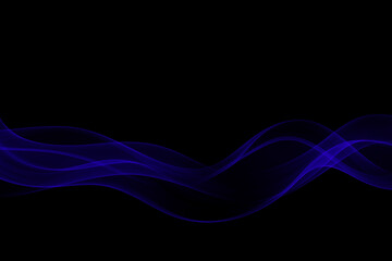 Flow of transparent blue wave on a black background, wavy lines for scientific or technological design.