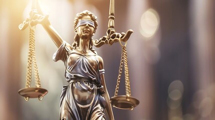 Obraz premium A golden statue of Lady Justice holding scales of justice. The statue is against a blurry background.