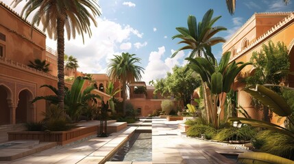 Fototapeta premium The AI-generated photo shows a beautiful resort with a pool, palm trees, and a clear blue sky. The resort is perfect for a relaxing and luxurious vacation.