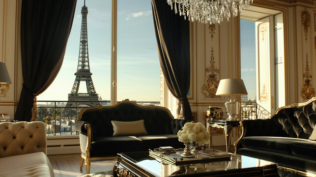 Photo of an interior view of a modern parisian apartment. view of the eiffel tower from the window.