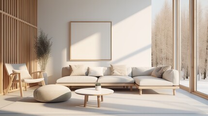 Fototapeta premium Living room interior in modern Japandi style in beige tones with poster frame