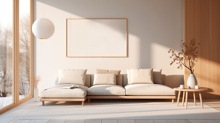 Living room interior in modern Japandi style in beige tones with poster frame