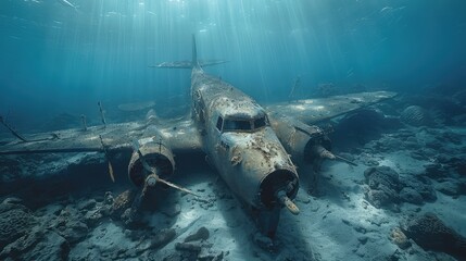 Photo of a plane crash on sea bottom. AI generated.