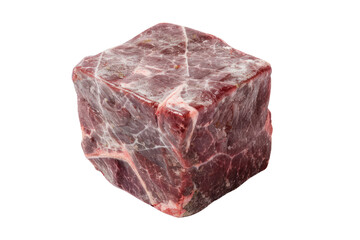 Close-up shot of a single cube of raw beef meat, showcasing its marbling and texture, isolated on white background