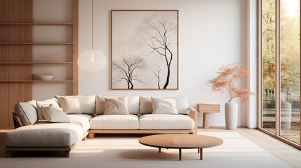 Living room interior in modern Japandi style in beige tones with poster frame