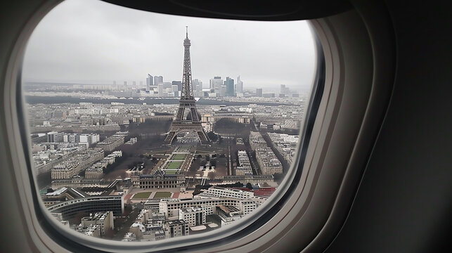 View of the Eiffel Tower from the airplane window