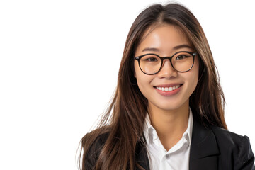 A friendly young Asian employee with a contagious smile, exuding warmth and professionalism, on a white background.
